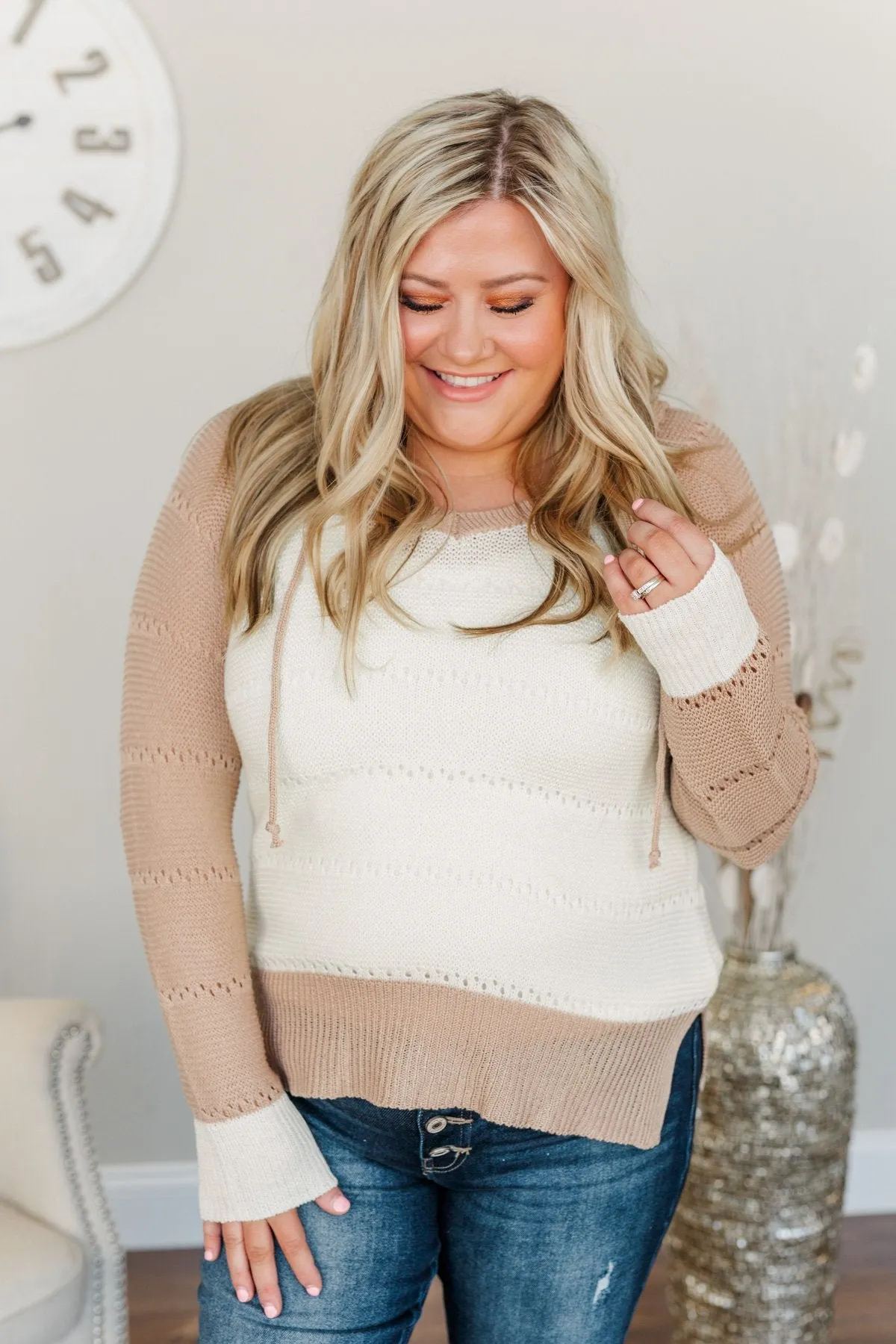 A Day With You Knit Hoodie- Taupe & Cream