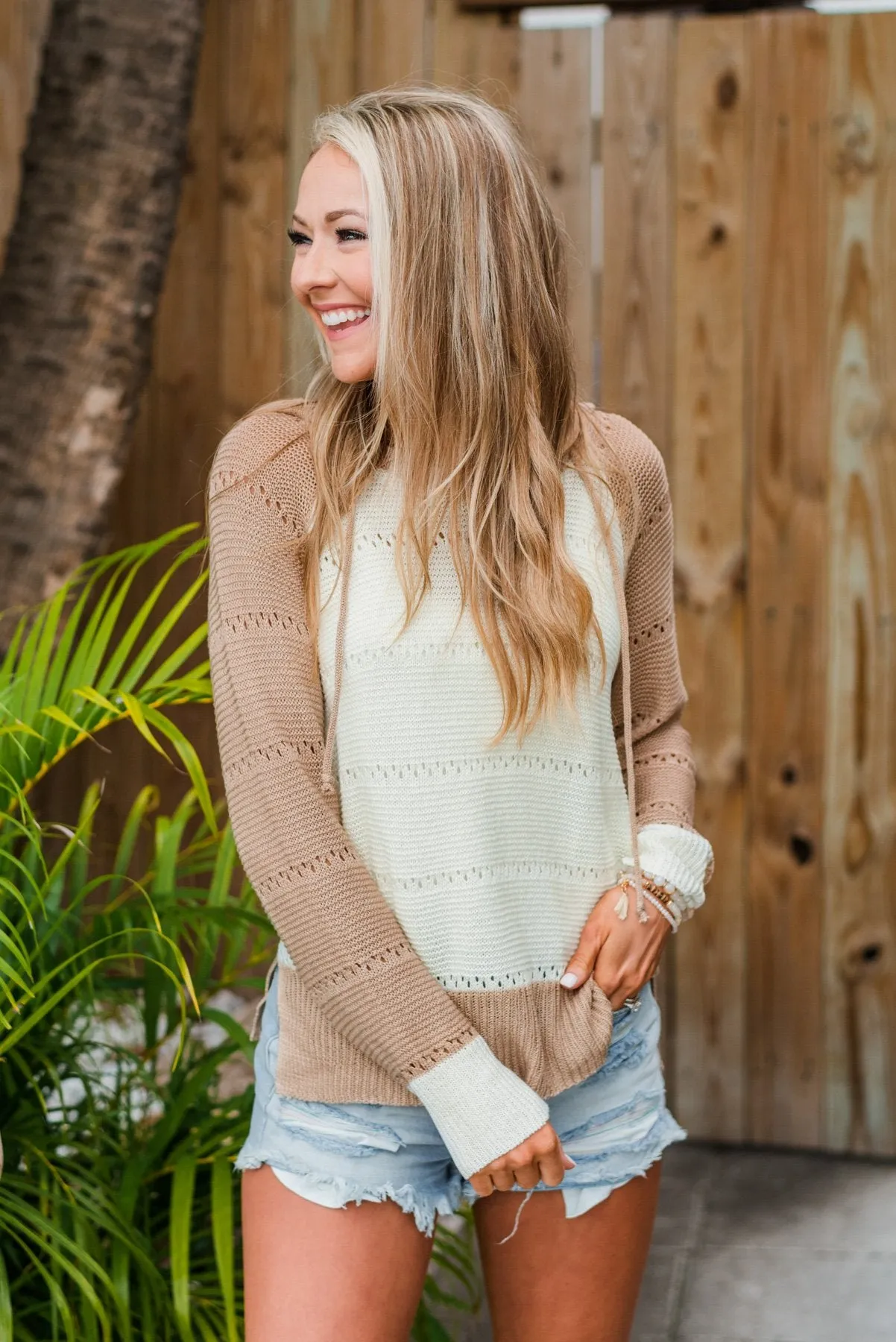 A Day With You Knit Hoodie- Taupe & Cream