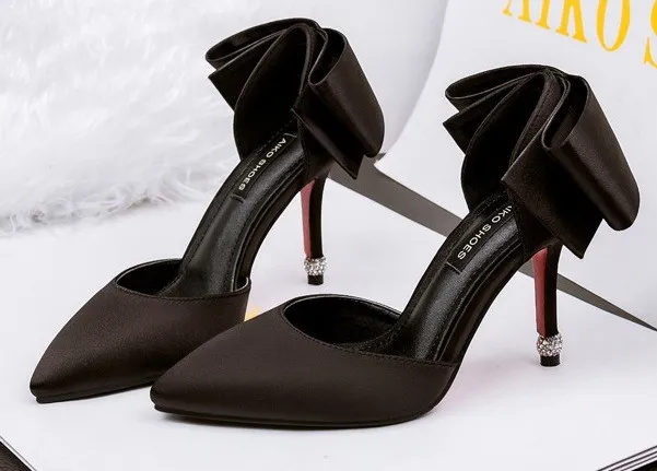 Black Satin Back Giant Bow Diamonte Bridal Point Head High Stiletto Heels Shoes