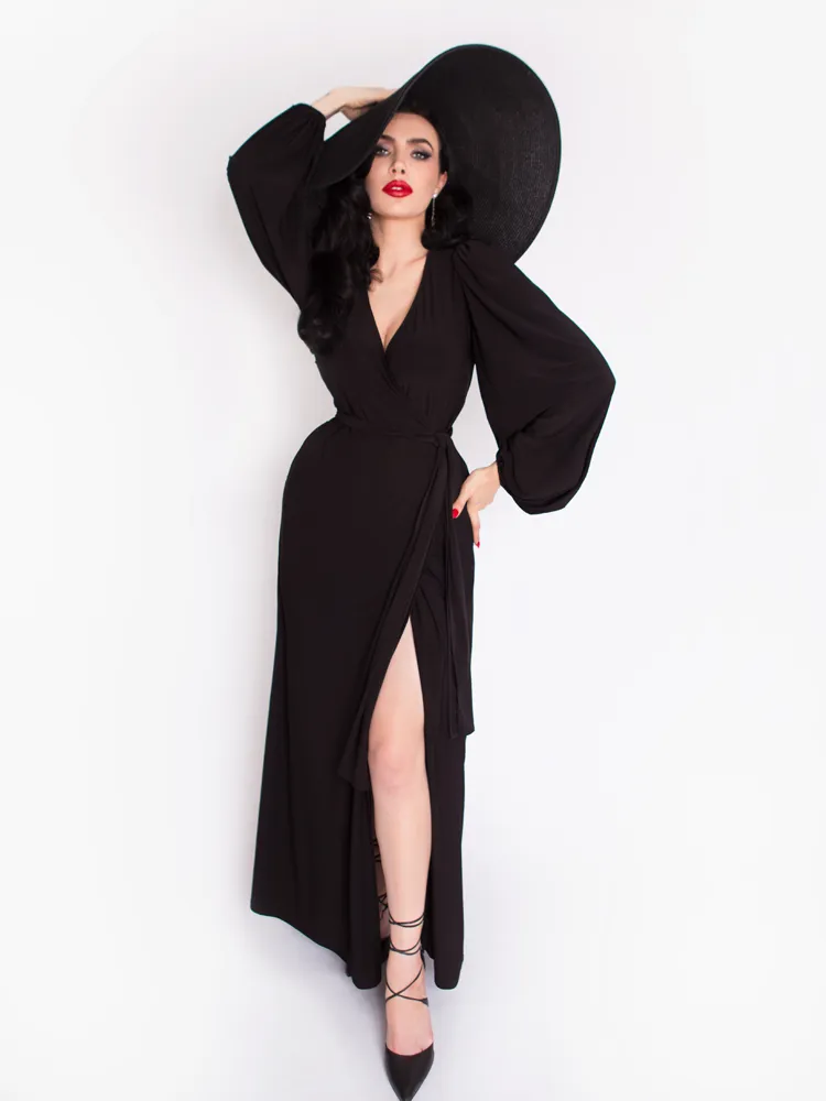 Black Widow Wrap Gown in Solid Black