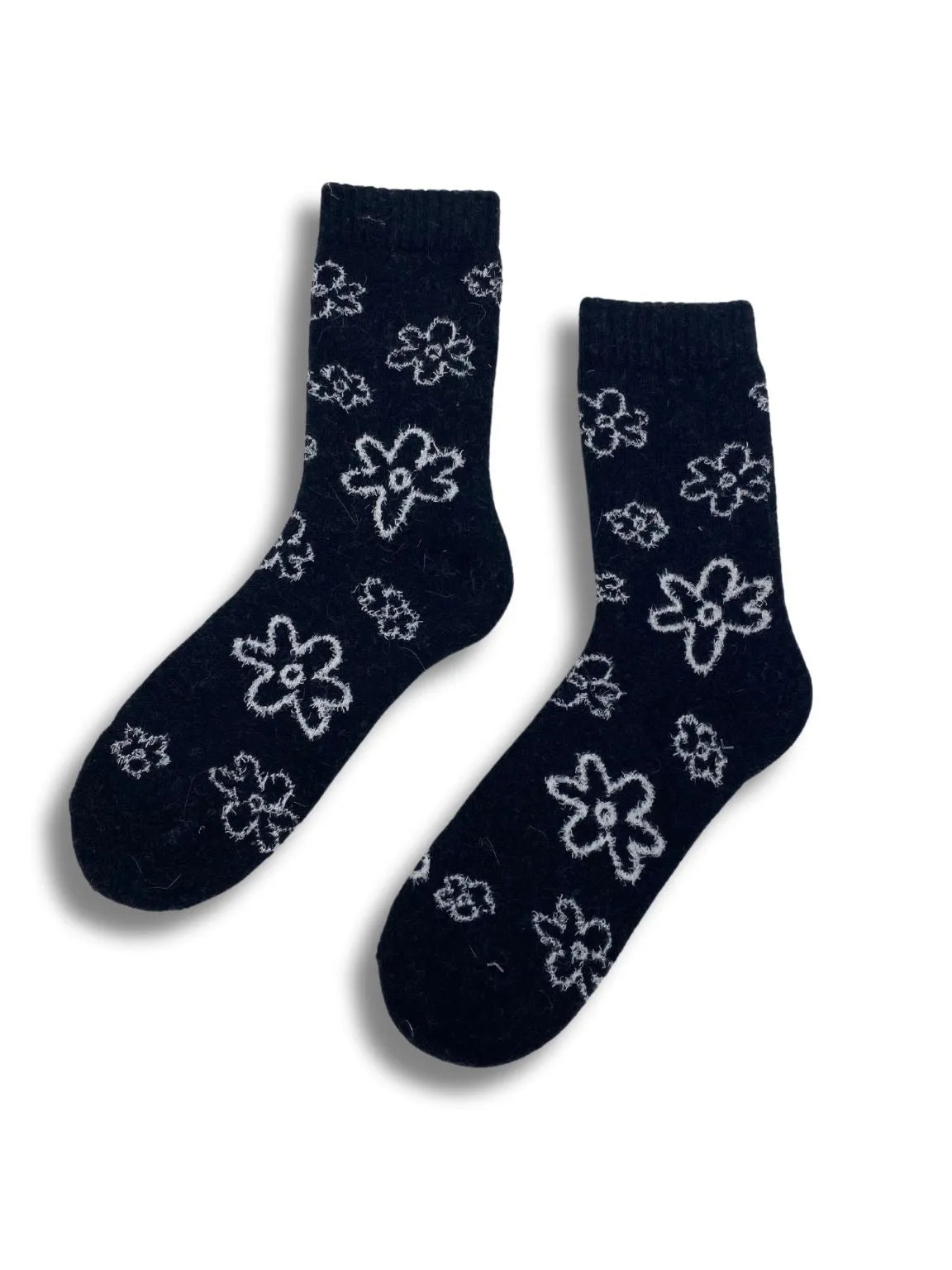 Black Wool Blend Floral Cosy Socks