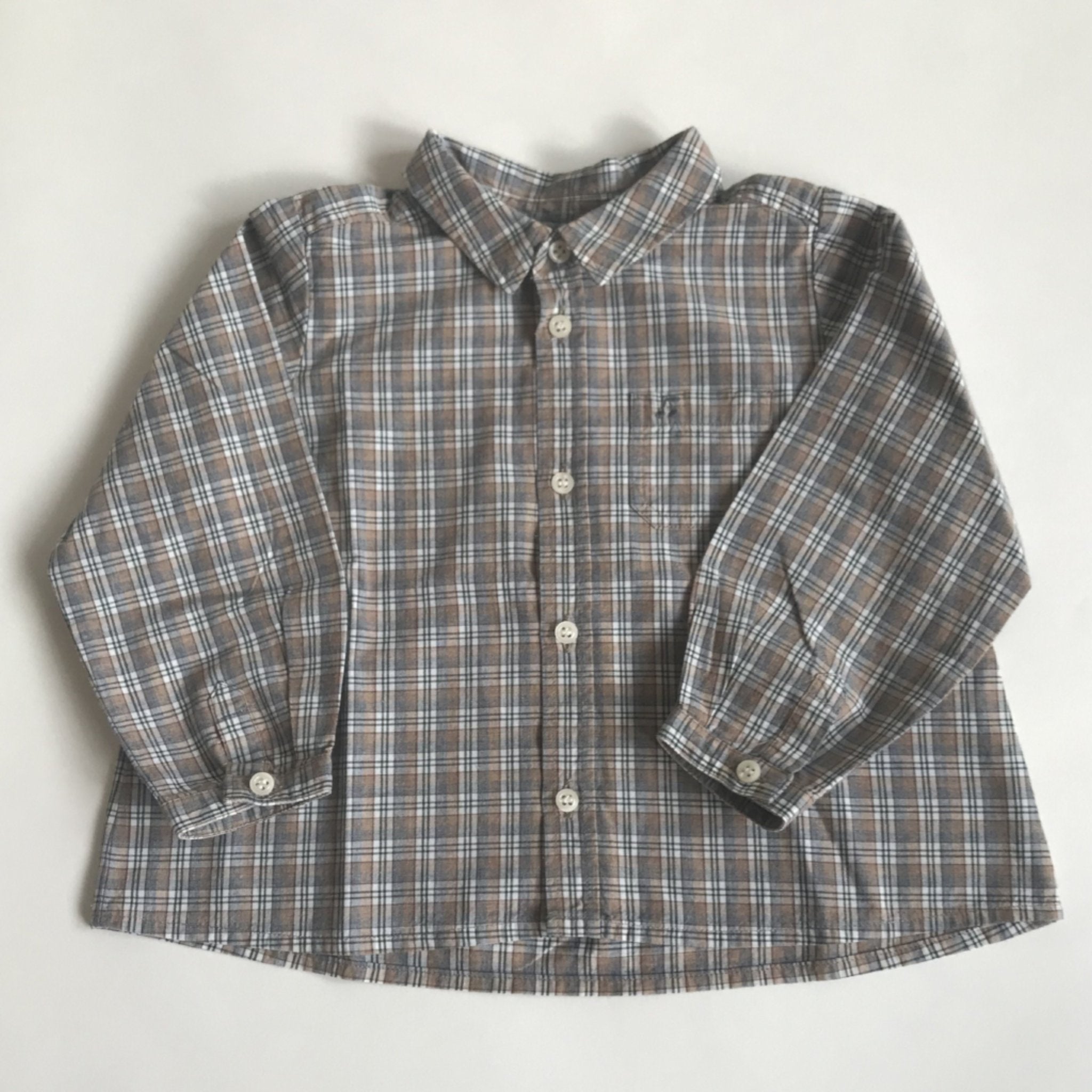 Bonpoint Taupe Check Shirt With Collar And Cherry Motif: 18 Months