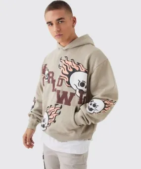 boohoo Mens Oversized Boxy Worldwide Embroidery Skull Applique Hoodie