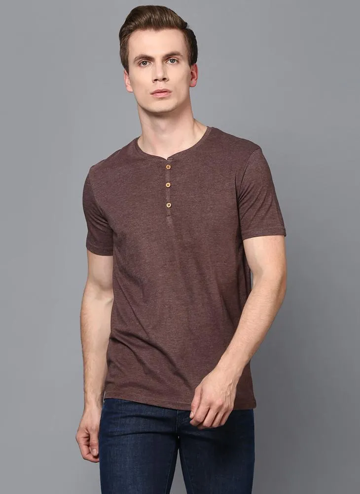 Brown Half Sleeve Henley Collar T-Shirt