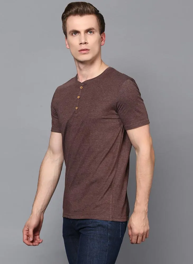 Brown Half Sleeve Henley Collar T-Shirt