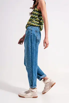 Cotton High Waist Mom Jeans in Medium Blue