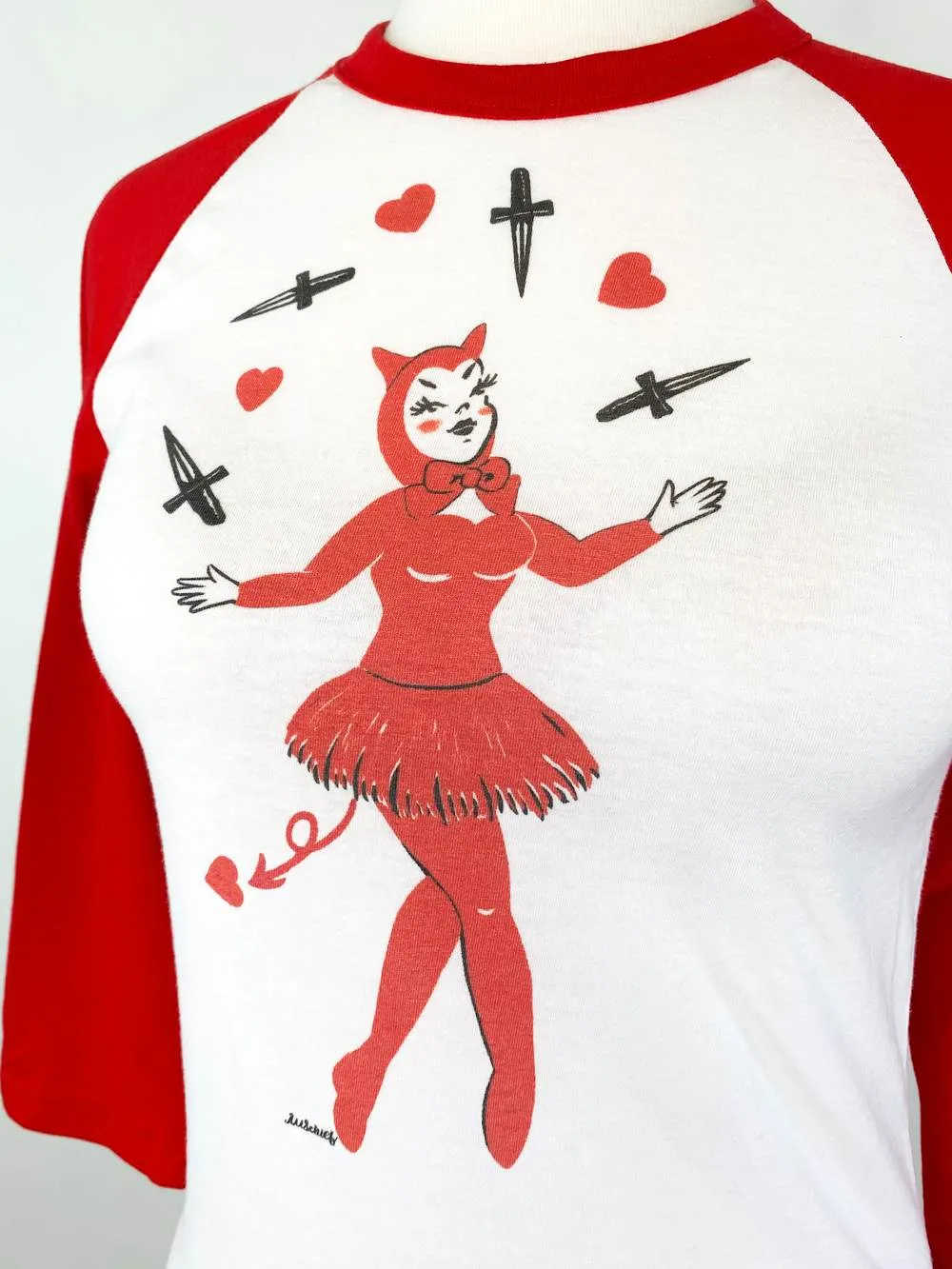 Dagger Devil Raglan T-Shirt in White/Red Unisex Body (M, XL and 2XL)