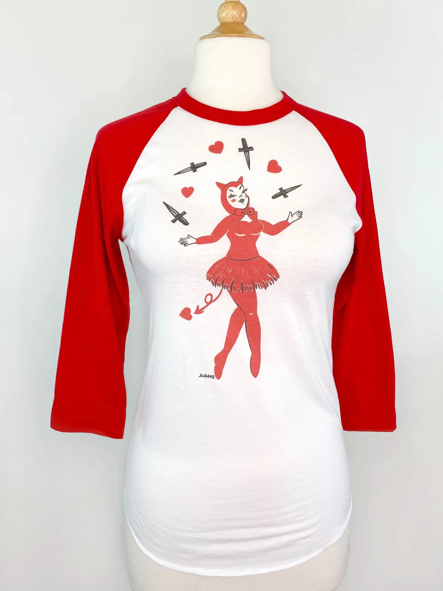 Dagger Devil Raglan T-Shirt in White/Red Unisex Body (M, XL and 2XL)