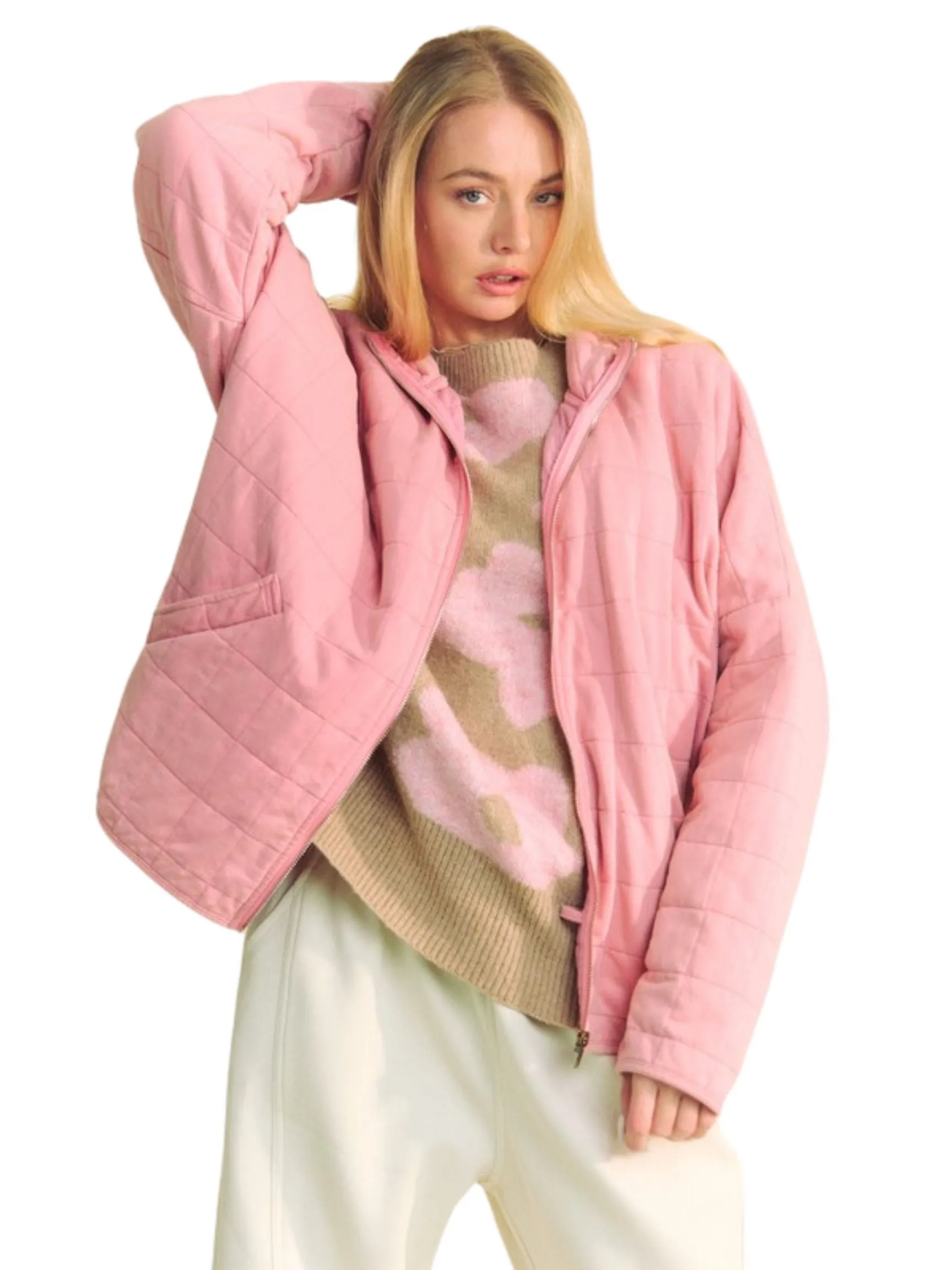 Dusty Rose Quilted Zip Jacket