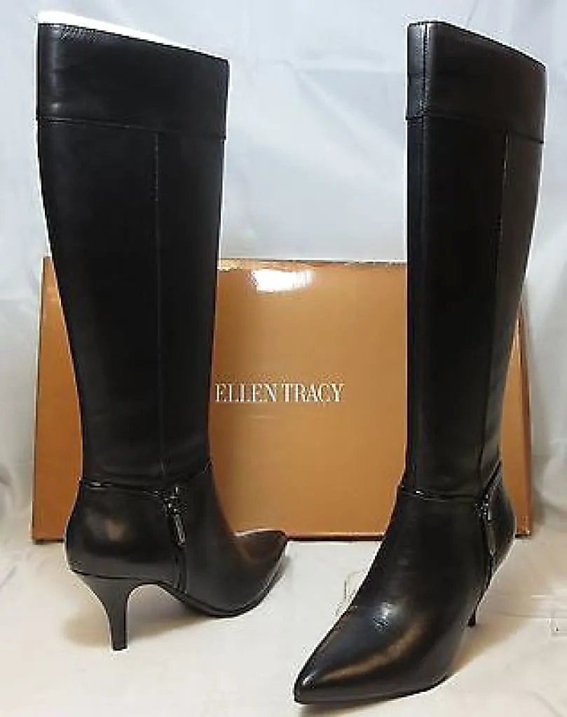 ELLEN TRACY Women's Harvard Tall Leather Heeled Boot - Black - 9M