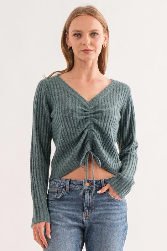 Front Drawstring V-Neck Sweater