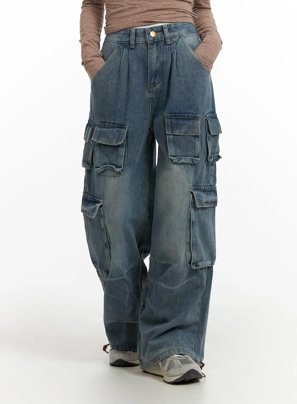 High Waist Pocket Cargo Straight Leg Jeans CF416