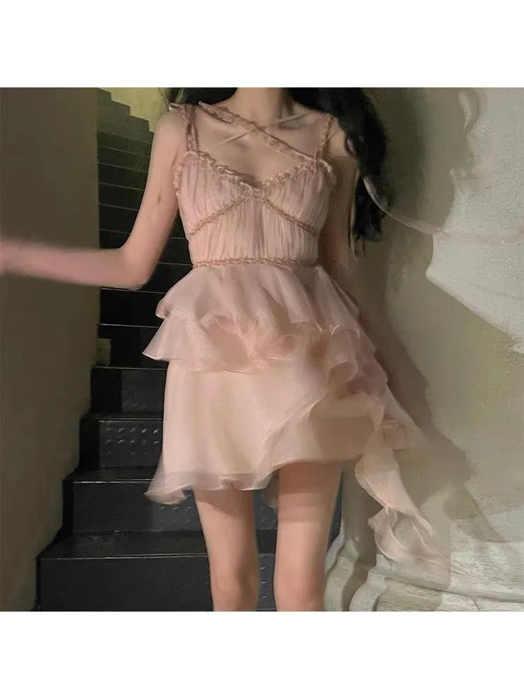 irregular ruffle high waist fairy pink dress