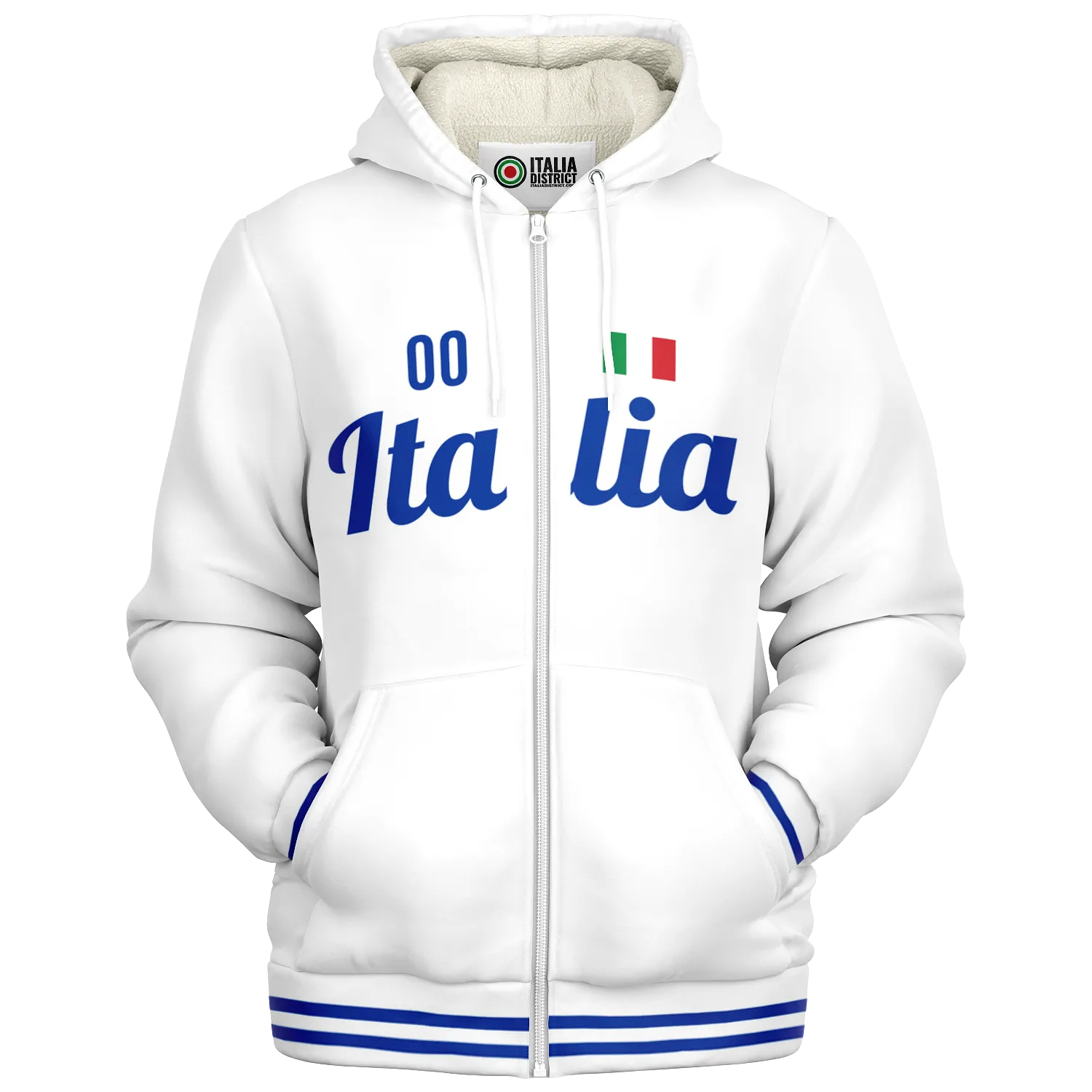 Italy White Microfleece Zip-Up Hoodie - Custom Name + Number