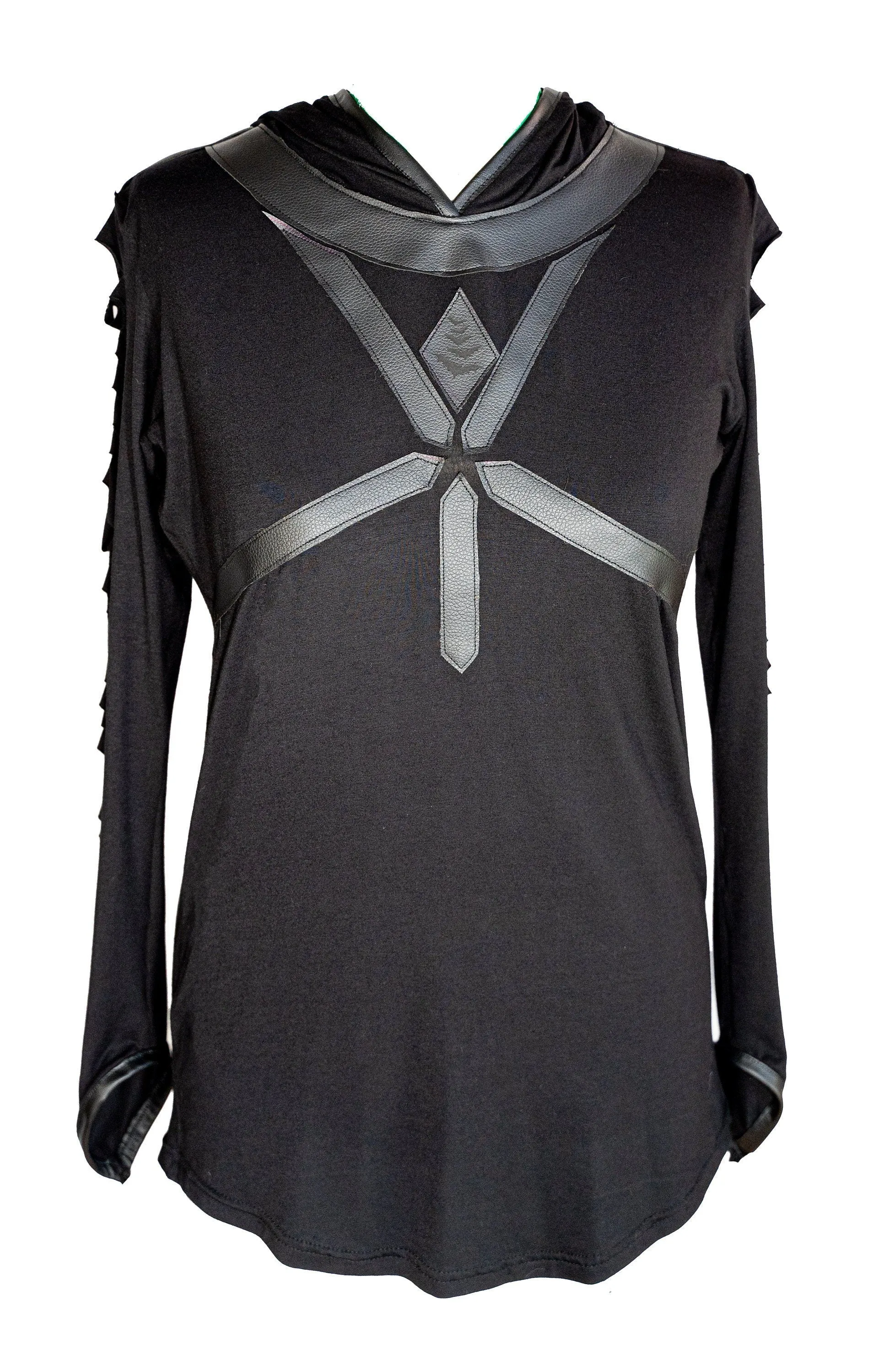 Leather harness laser engraved slashed long sleeve hoodie top