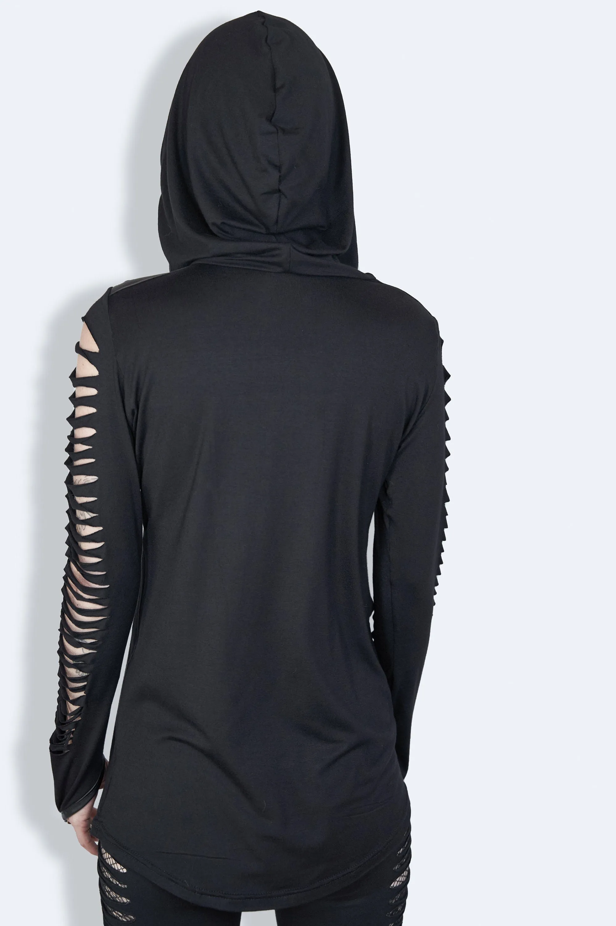 Leather harness laser engraved slashed long sleeve hoodie top