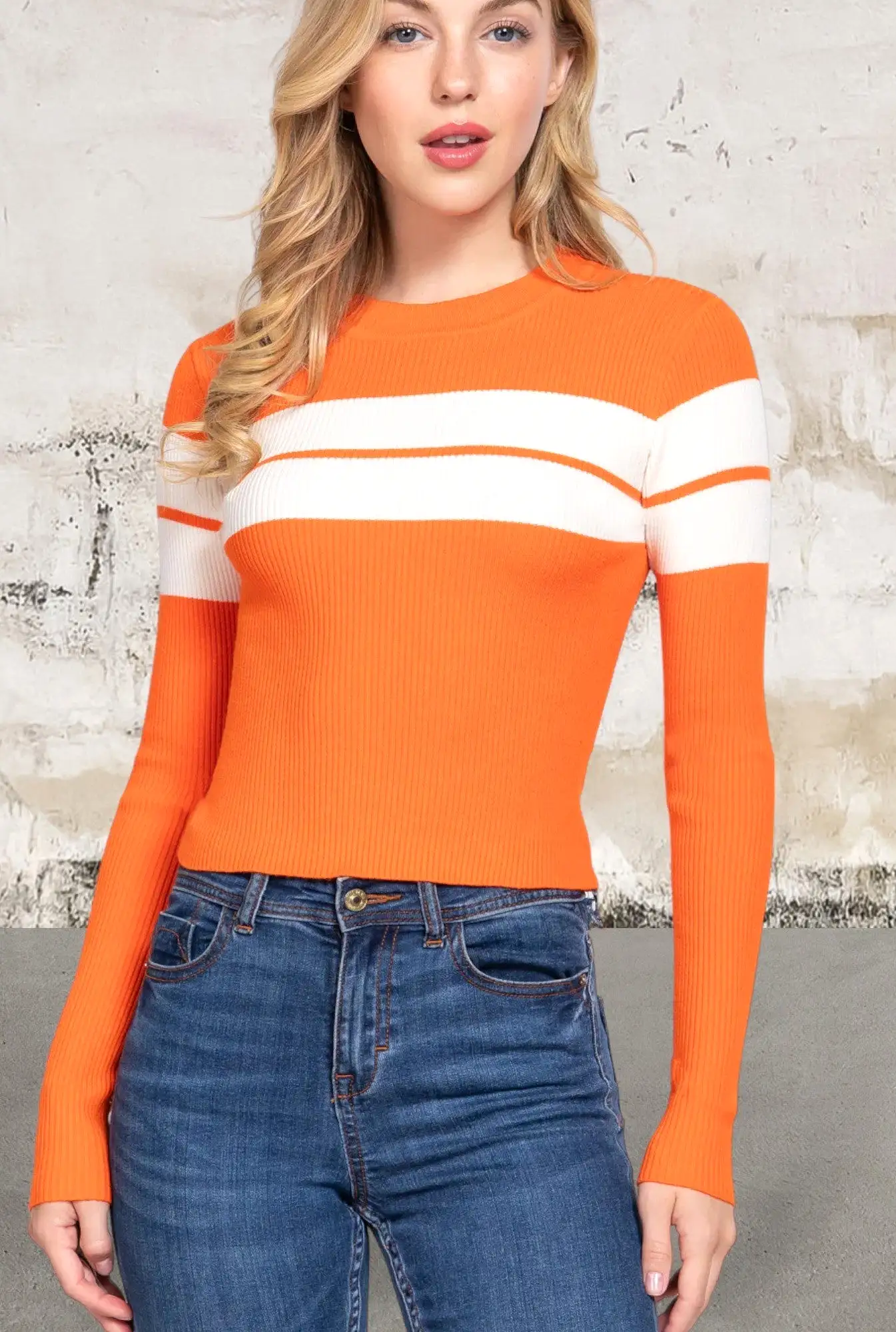 Long Sleeve Orange And Cream Stripe Rib Sweater