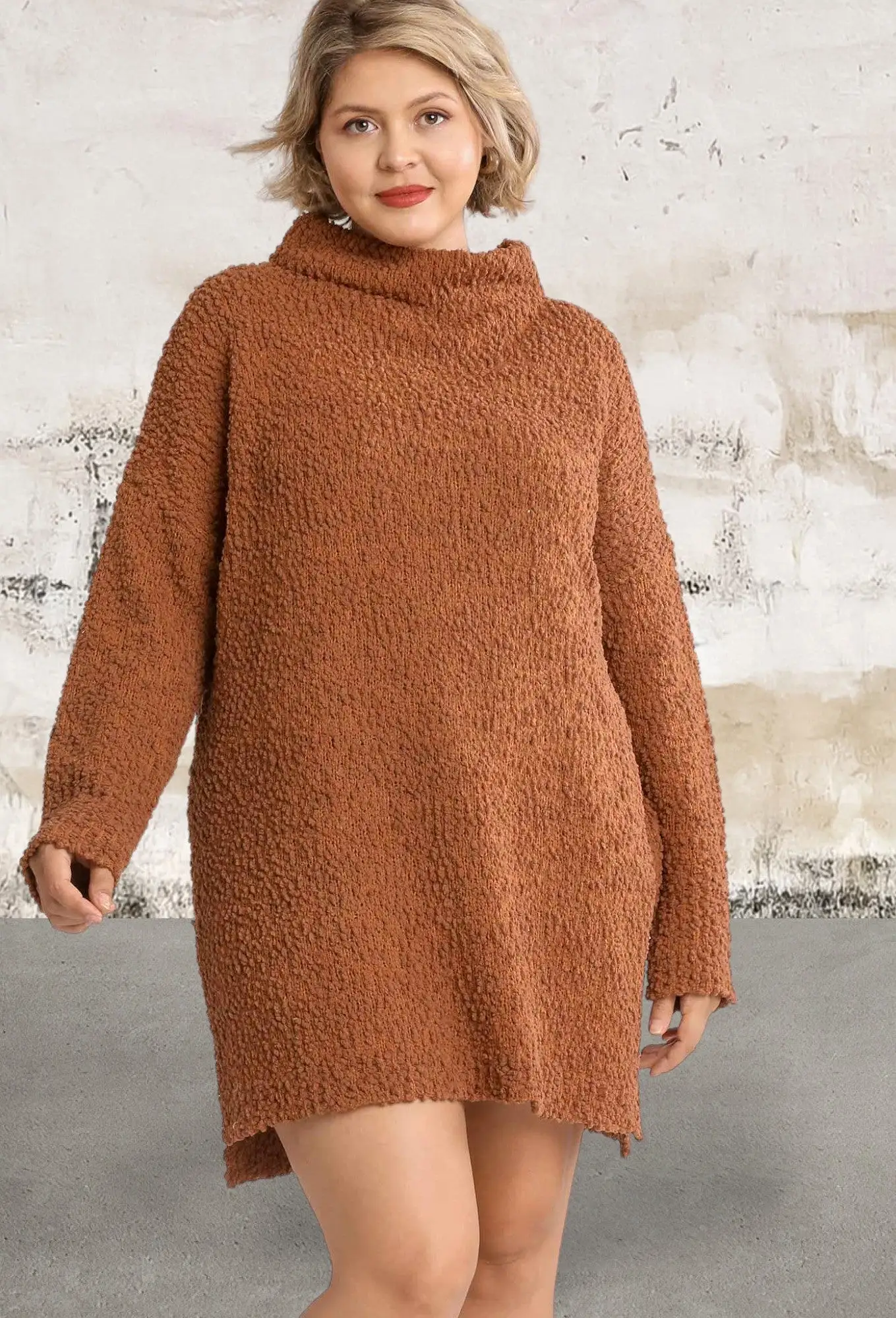 Longsleeve High Cowl Neck Bouclé Sweater Dress