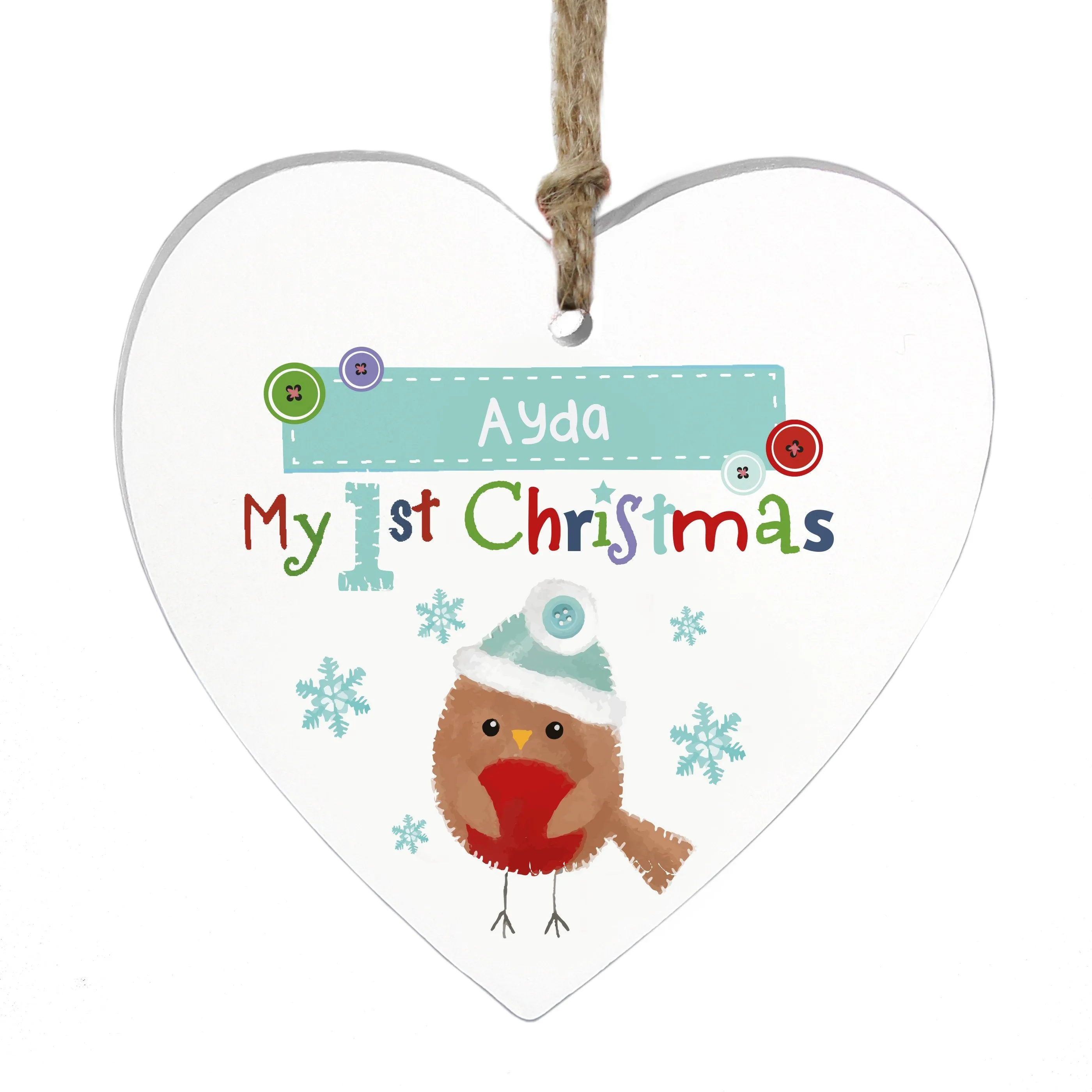 Personalised Felt Stitch Robin 'My 1st Christmas' Wooden Heart Decoration