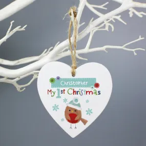 Personalised Felt Stitch Robin 'My 1st Christmas' Wooden Heart Decoration