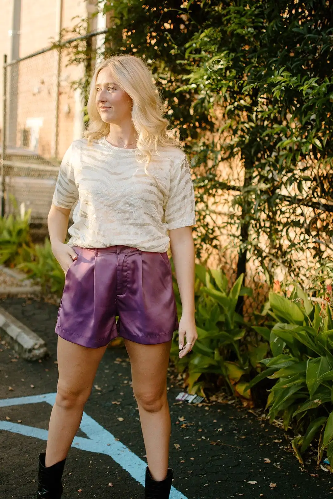 Plum Purple Satin Pleated Short