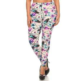 Plus Size Floral Print, Full Length Leggings In A Slim Fitting Style With A Banded High Waist