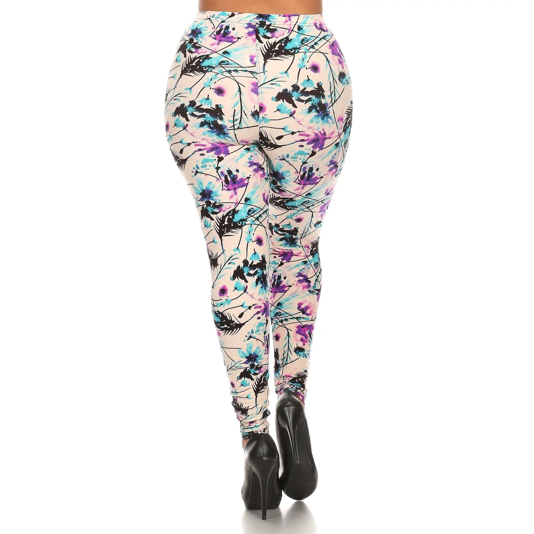 Plus Size Floral Print, Full Length Leggings In A Slim Fitting Style With A Banded High Waist