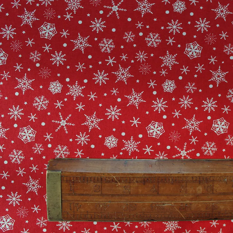 Red Christmas Cotton - Falling Snowflakes