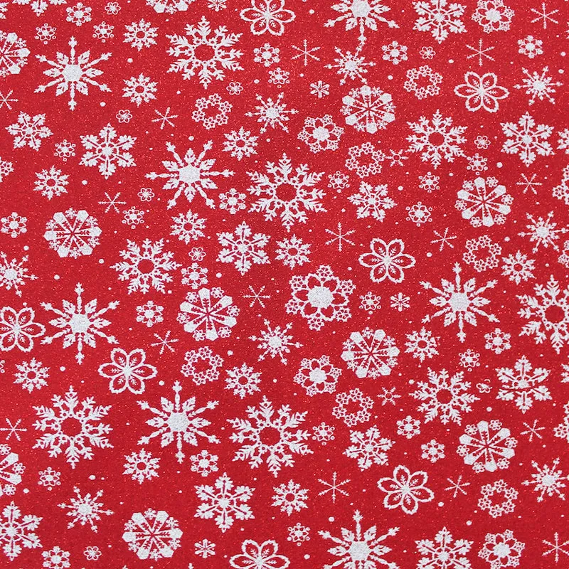 Red Metallic Christmas Cotton - White Glitter Snowflakes