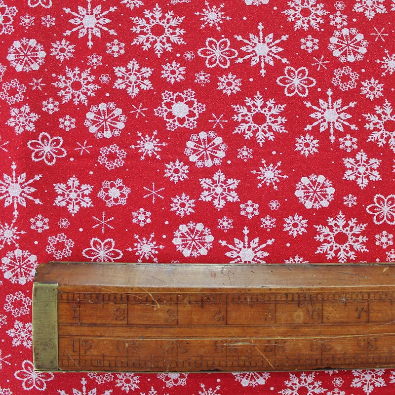 Red Metallic Christmas Cotton - White Glitter Snowflakes