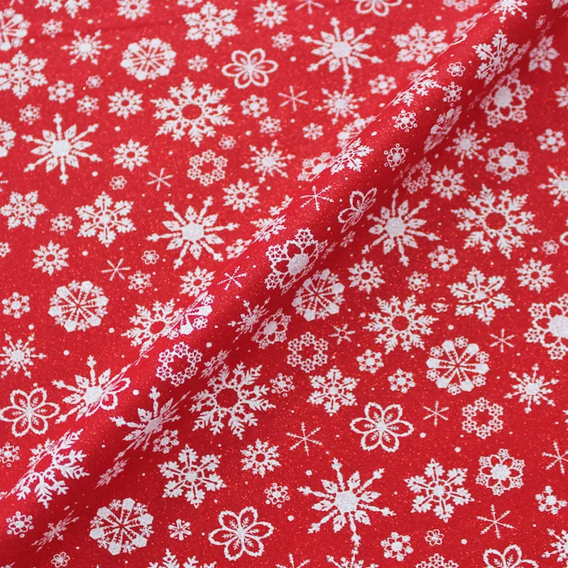 Red Metallic Christmas Cotton - White Glitter Snowflakes