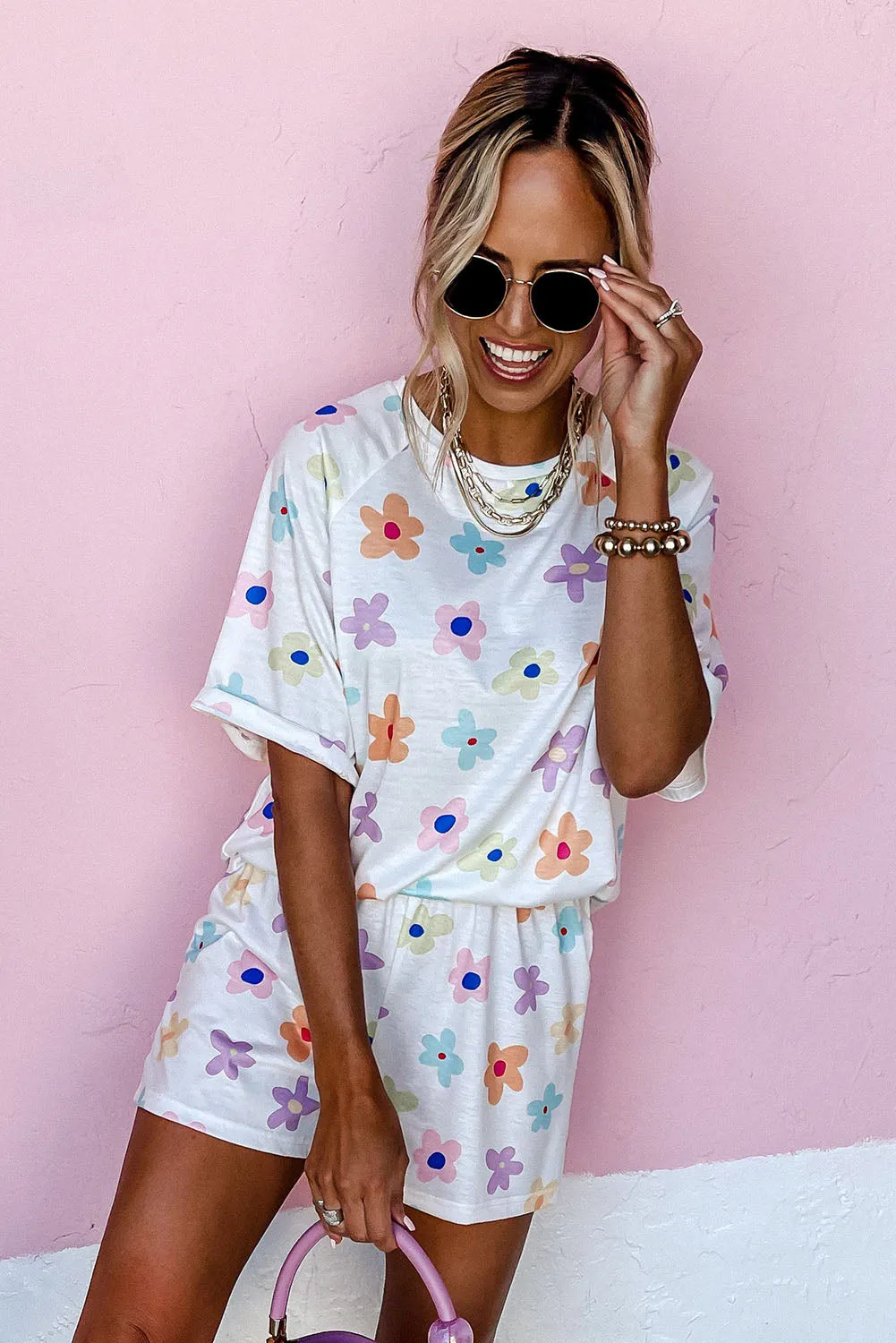 Short Sleeve High Waist Two Piece Shorts Set