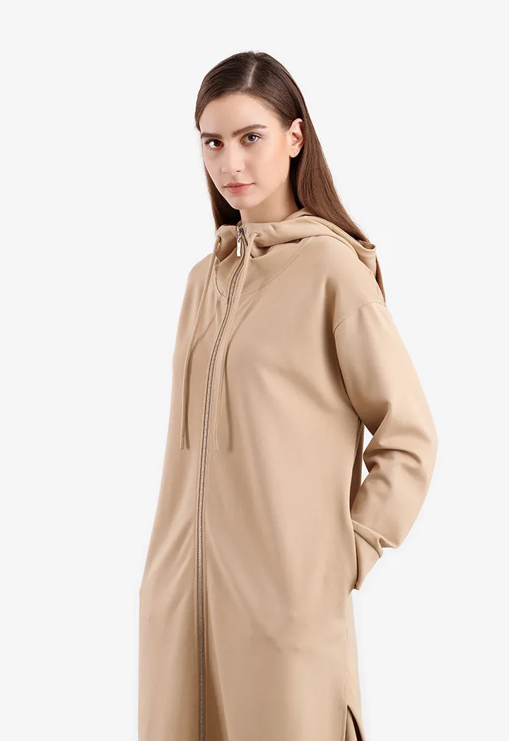 Solid Side Slits Long Hooded Jacket