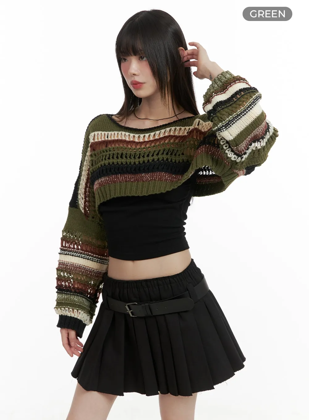 Striped Crochet Crop Sweater CA411