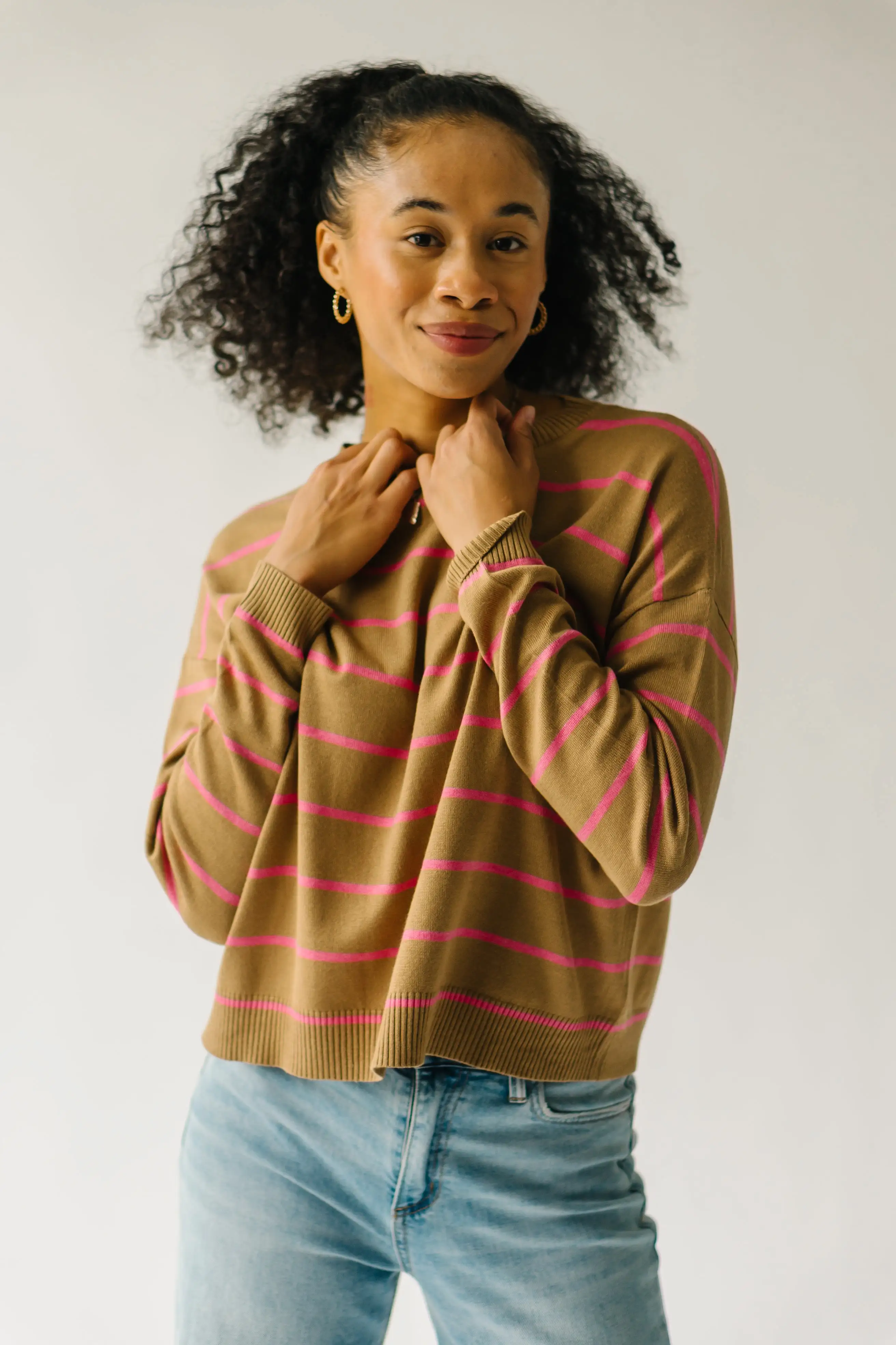 The Krenzer Striped Sweater in Mocha + Pink