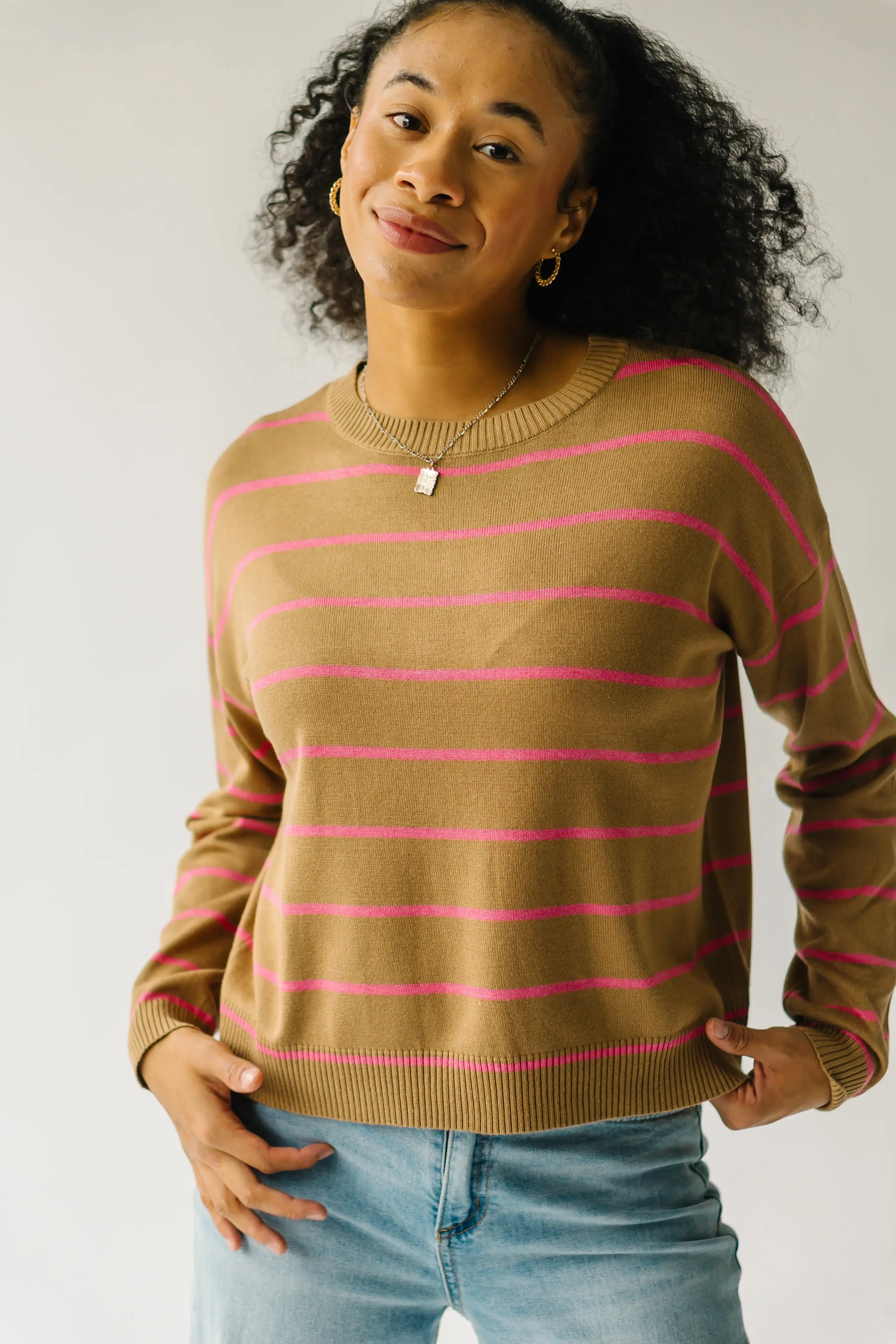 The Krenzer Striped Sweater in Mocha + Pink