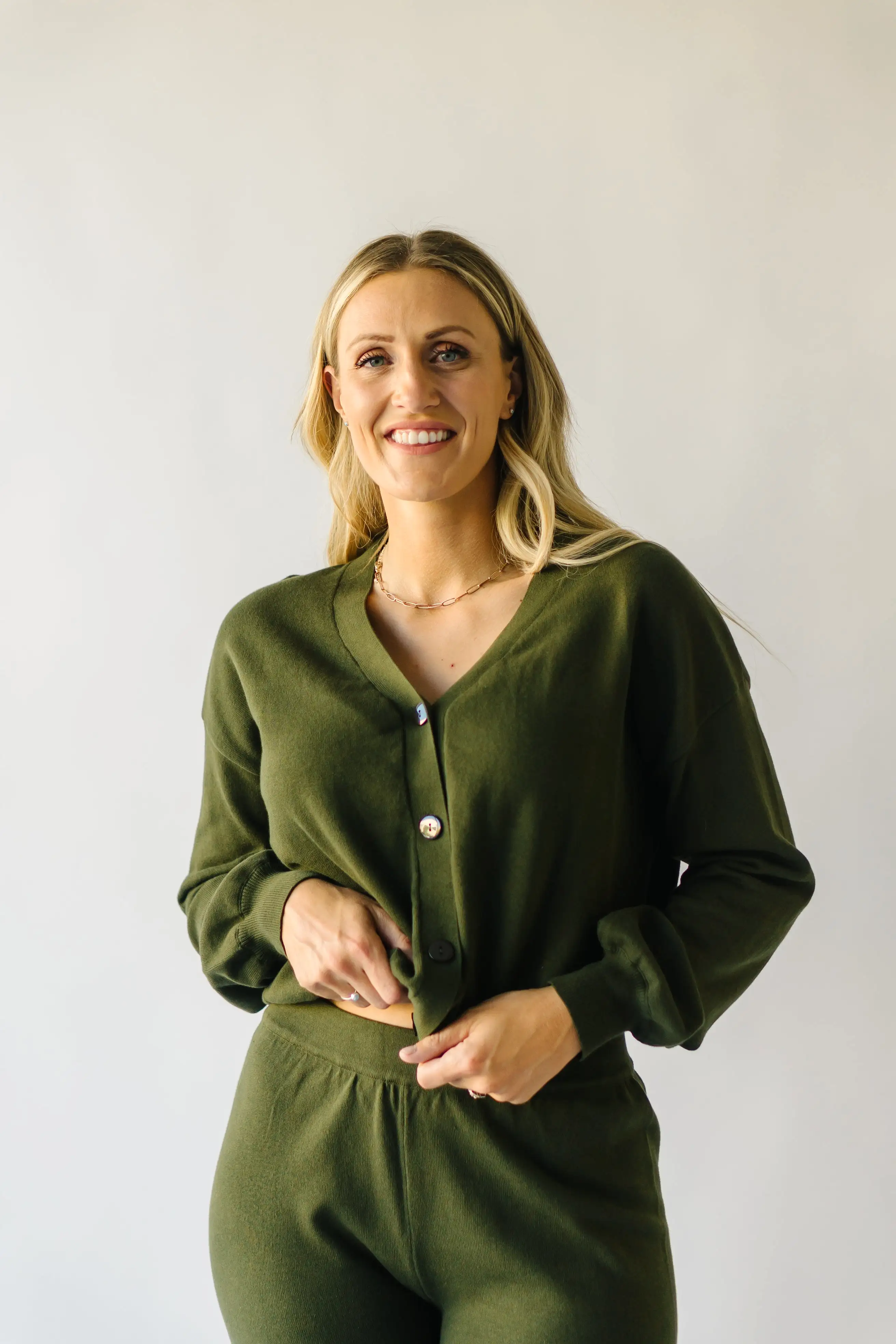 The Winona V-Neck Button-Down Sweater in Olive