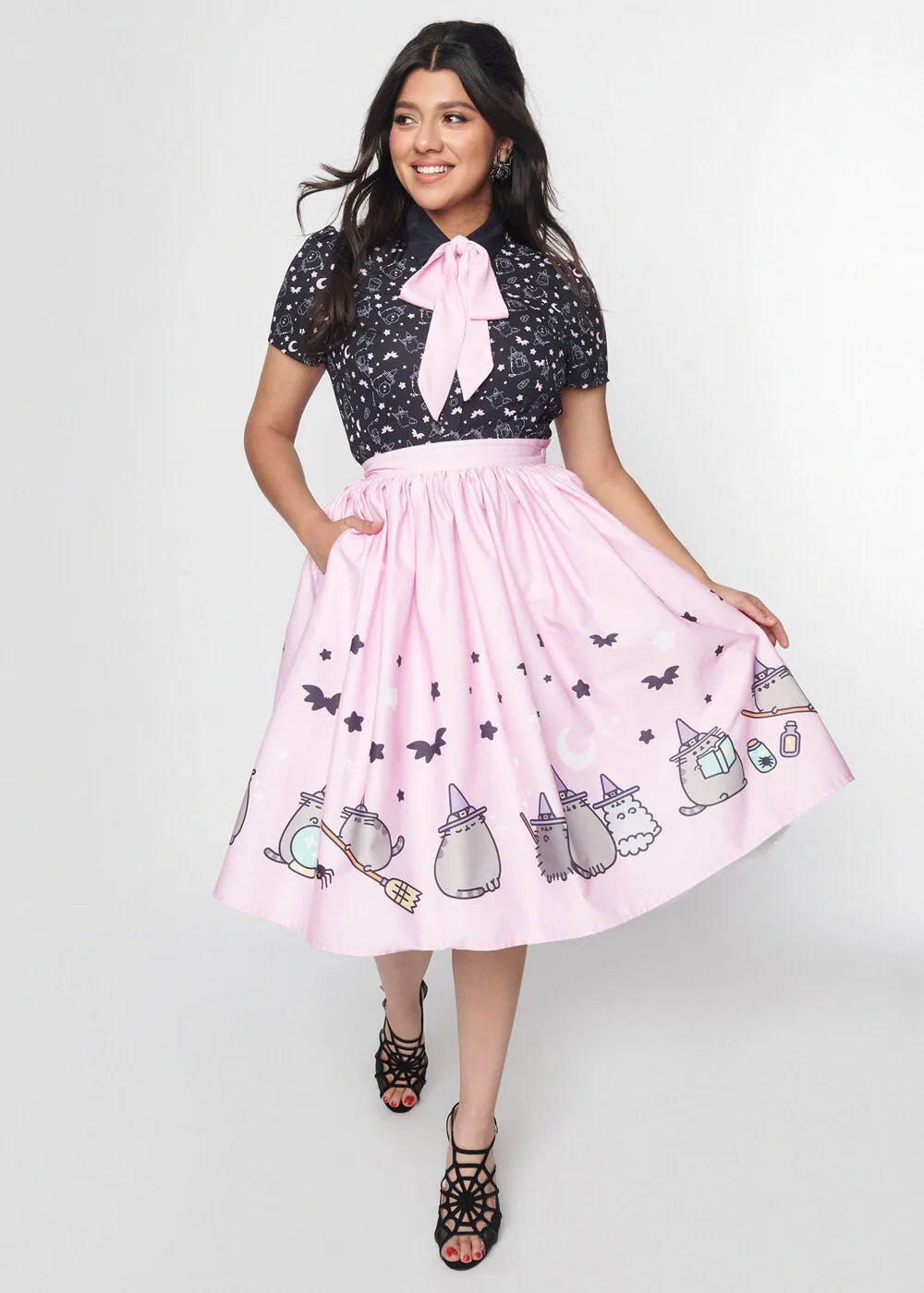 Unique Vintage Pusheen Halloween Witch 50's Swing Skirt Pink