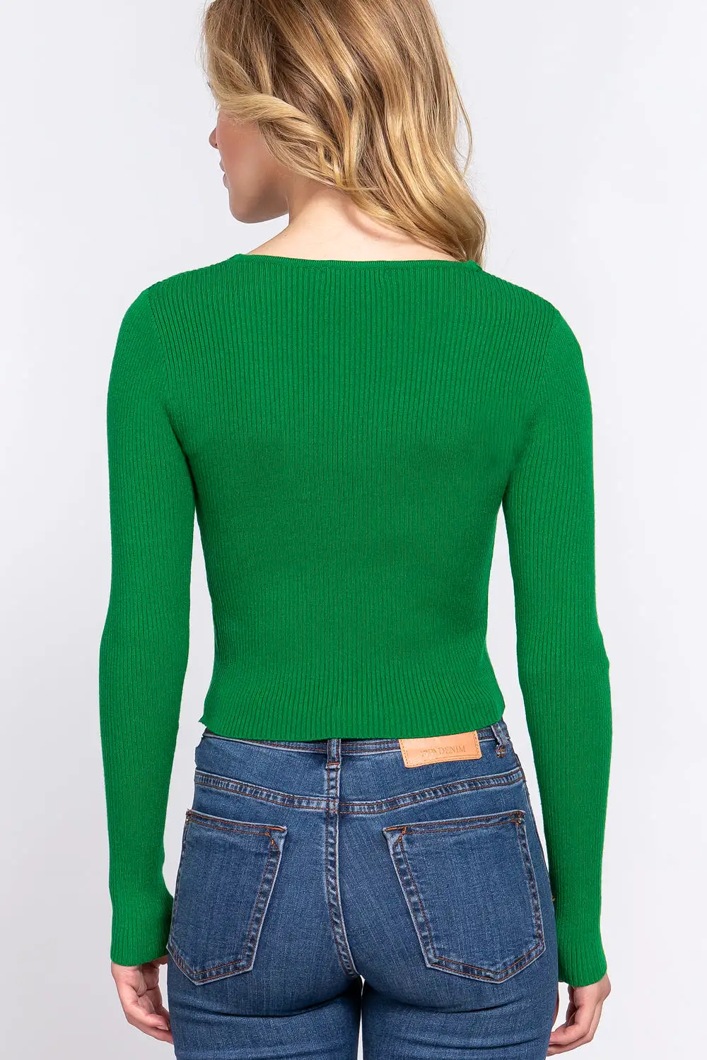 V-neck Shirring Tie Detail Green Sweater