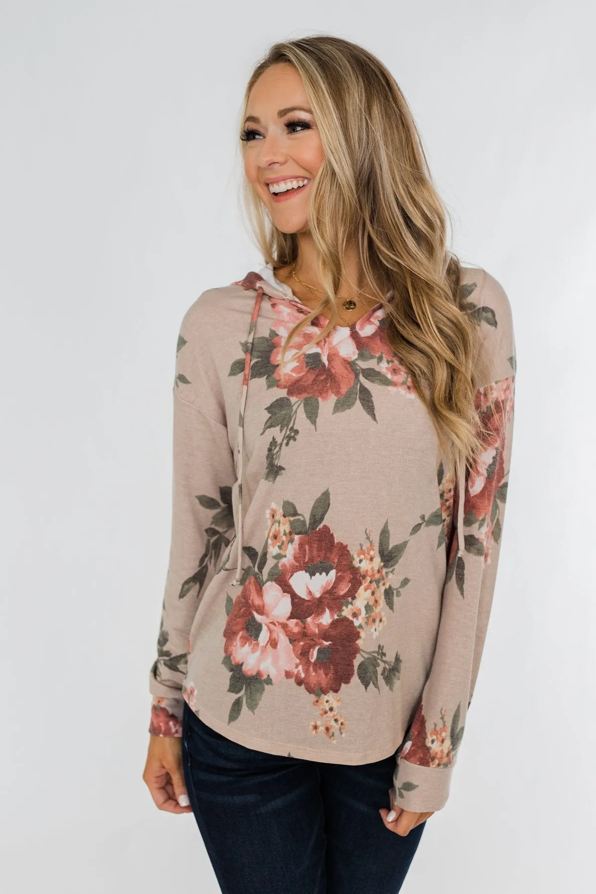 Well Wishes Floral Hoodie- Beige